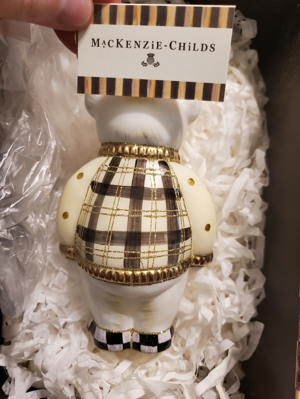Rare Mackenzie Childs Courtly Check Teddy bear Glass Christmas Tree Ornament New - Picture 2 of 5